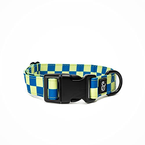 Lucy & Co. Have a Nice Day Dog Collar - Durable Lightweight Designer Collar for Pets - Adjustable Metal Safety Buckle - Lime Green Blue Checker - Small - color: Have a Nice Day Dog Collar, size: Small