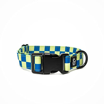 Lucy & Co. Have a Nice Day Dog Collar - Durable Lightweight Designer Collar for Pets - Adjustable Metal Safety Buckle - Lime Green Blue Checker - Small - color: Have a Nice Day Dog Collar, size: Small
