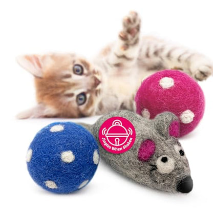 Hustle & Blush Love Ewe Felted Cat Toys 3 Pack- 5 Inch Mouse w/Bell & 2 Inch Ball Hand Made Cute & Fun Design Kitten Wool Felt Balls for Indoor Play & Exercise-100% New Zealand Handmade Felted Balls - color: Mouse & ball