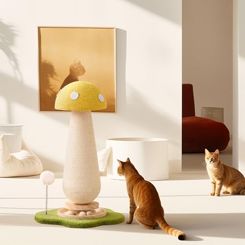 Mushroom Cat Scratching Post Cat Tree, 21.5‘’ H Cute Cat Scratcher Tower with Durable Solid Wood Turntable Toy, Lemon Yellow Mushroom Scratch Post Cat Sisal Scratcher with Catnip for Indoor Cats - color: Yellow Mushroom