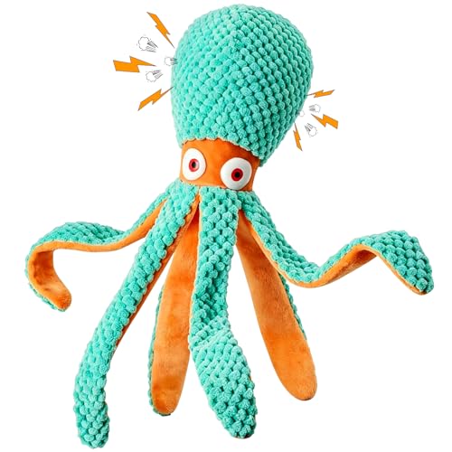 Fuufome Squeaky Octopus Plush Dog Toy for Small Medium Dogs, Soft Crinkle Chew Toy for Puppies Teething, Indoor Interactive Tug-of-War Dog Toy - color: Orange-green