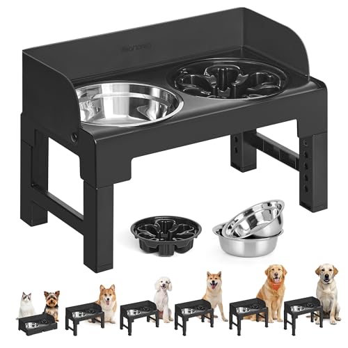 Feandrea Dog Bowls Elevated, Raised Stand with 1 Slow Feeder and Two 304 Stainless Steel Bowls, Adjustable Height and Tilted Design, Ink Black UPRB103B01 - color: Ink Black