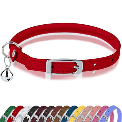 OOPSDOGGY Rolled Leather Cat Collar with Bell, Reflective Kitten Collars with Buckle Include Safety Elastic Strap - Adjustable Small Pet Collars for Boy Girl Cats (Red) - color: Red
