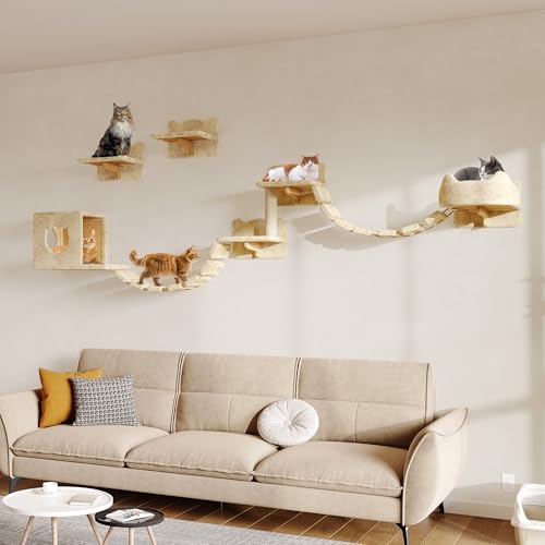 9-in-1 Cat Wall Shelves, Stable & Safe Wall Mounted Cats Shelf Furniture Set with Plush Fabric, Wooden Cat Climbing Wall Systems with Scratching Post, Bridge Ladder, Floor Space-Saving, Beige - color: Beige, size: 9-in-1