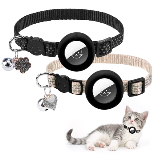 PUPTECK Airtag Cat Collar Breakaway 2 Pack with Bells, Reflective Kitten Collar with Air Tag Holder for Boy Girl Kitty and Puppies, Soft, Black & Beige - color: Black & Beige