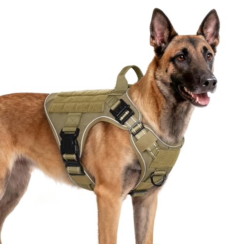 rabbitgoo Tactical Dog Harness Medium Sized, No Pull Upgraded Reflective Heavy Duty Molle Vest with Handle, Adjustable Military Service Dog Vest for Walking Hiking Training, Brown, M - color: Brown Reflective, size: Medium