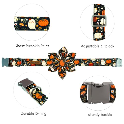 Halloween Dog Collar, Ghost Print Adjustable Pet Collar Fall Pumpkin Cute Cotton Soft Collars with Flower Tie Fall Metal Buckle Holiday Puppy Collars Boy&Girl Gift for X-Small Dogs - color: B:Ghost and Pumpkin, size: X-Small (Pack of 1)