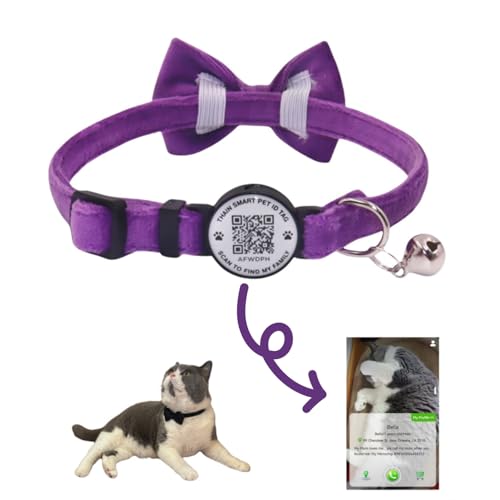 THAIN Personalized Cat Collar with Bell and Bowtie Breakaway QR Code Name Smart ID tag Quick Release Soft Comfortable Collar for Cats and Kittens (Purple) - color: Purple