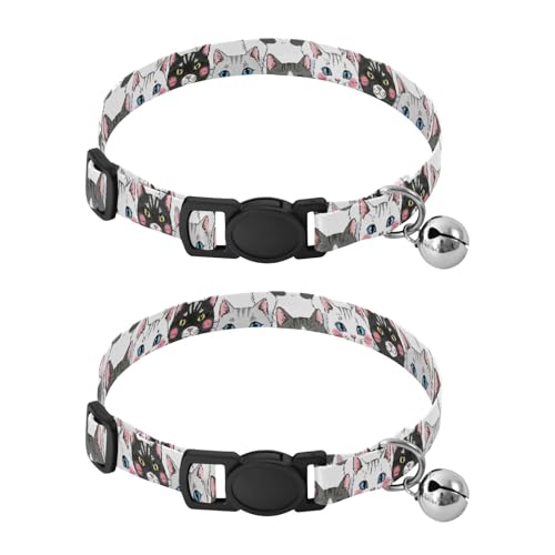2 Pack Kitten Collar Cute Cat Black White Dog Collar with Bell, Adjustable Length 10.6" to 17.1" - color: Cute Cat Black White