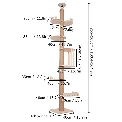 Modern Wooden Floor-to-Ceiling Cat Tree Tower, with Natural Sisal Rope Scratching Post, Height 100.4-104.3 Inch, Activity Center Cat Climbing Tower for Kittens & Large Cats