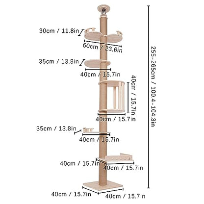 Modern Wooden Floor-to-Ceiling Cat Tree Tower, with Natural Sisal Rope Scratching Post, Height 100.4-104.3 Inch, Activity Center Cat Climbing Tower for Kittens & Large Cats
