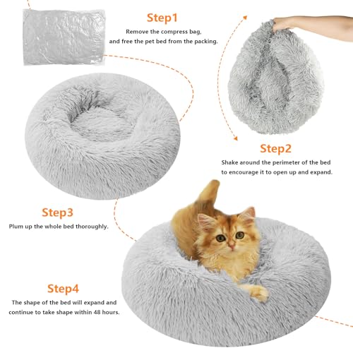 Dog Beds for Small Dogs Round Cat Beds for Indoor Cats Pet Bed for Puppy and Kitten with Slip-Resistant Bottom Plush Donut Cat Bed, Light Grey (XS-38cm Light Grey)