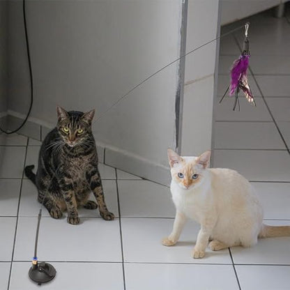 Plume-Like Teasing Cat Wand with Bell, 4pcs Replacement Heads, Strong Suction Base, Indoor Interactive Teaser for Cats and Kittens