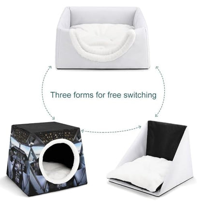 Airplane Cockpit Cat Bed for Indoor Cats - Foldable Cat & Dog House with Removable Cozy Cushion, Waterproof Oxford Washable Pet House for Small Pets 13.8" X 13.8" X 11.8"