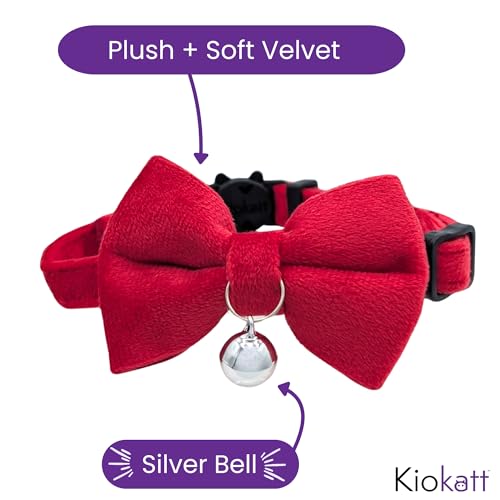 Velvet Red Bow Cat Collar with Breakaway Safety Buckle, Adjustable Fit for Adult Cats - color: Red