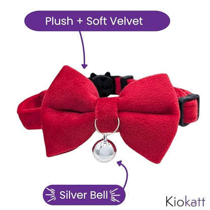 Velvet Red Bow Cat Collar with Breakaway Safety Buckle, Adjustable Fit for Adult Cats - color: Red