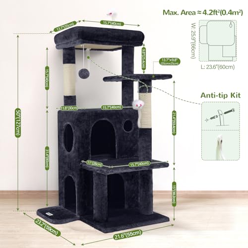 Globlazer Cat Tree Tower for Indoor Cats, 50-inch Adult Cat Tree House for Large Adult Cats with Steps, Scratching Post, 2 Cat Caves, Dangling Toys, FC50, Dark Grey - color: Dark Grey