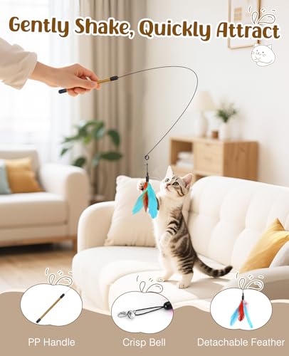 Pawaboo Feather Teaser Cat Toy, Interactive Feather Wand Cats Toy Flying Feathers Cat Catcher with Extra Long 34.5" Wand and Small Bell, Exerciser Playing Toys for Kitten or Cats, Blue + Red Brown - color: Blue + Red Brown
