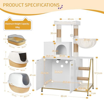Hzuaneri Cat Litter Box Enclosure with Cat Tree, 4-in-1 Modern Cats House with Large Platform, Cats Condo with Sisal Scratching Mat, Posts, Stairs and Pompom, Washable Cushions, White Gold CB81013A - color: White and Gold