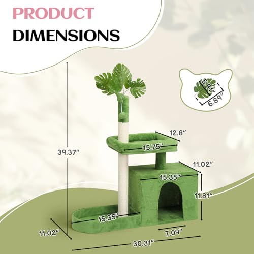 Outvita Cat Tree 36in Monstera Cat Tower with Leaves, Multi-Level Cat Tree Tower with Cat Scratching Post, Cozy Cat Condo, Padded Beds, Dangling Ball for Kittens and Indoor Cats, Green - size: 36" Green