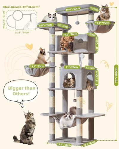 Taoqimiao Cat Tree Tower, 76-Inch Sturdy Cat Tree for Indoor Cats Large Adult Cat Tower with Scratching Posts，2 Condos, 2 Perches, 2 Large Hanging Baskets, Soft Hammock, MS046W Light Gray - color: Light Gray