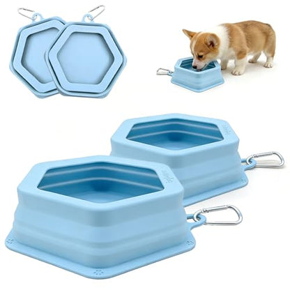 2-Pack Collapsible Pet Water Bowls, Spill Proof No Splash Travel Bowls w/ 2 Carabiners, Silicone Bowls for Hiking Camping Walking Road Trips, BPA Free Dishwasher Safe, 24oz Each Morandi Blue - color: Twin Pack