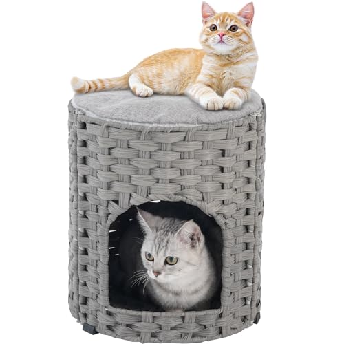 SETVSON Cat House for Indoor Cat, Small Cat Houses Handwoven PE Rattan Kitten Cave, Pet Kitten Bed Covered, One Bed Pad, 13 x 13 x 13.7 Inches, Foldable Hideaway in Living Room Gray - color: Gray, size: Round-S