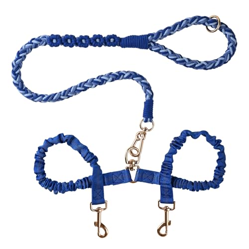 Double Dog Leash – Tangle-Free Dual Leash with 360° Swivel, Shock Absorbing Bungee, Reflective Stitching & Hand-Braided Main Rope (Supports Up to 440 lbs, Blue) - color: Blue