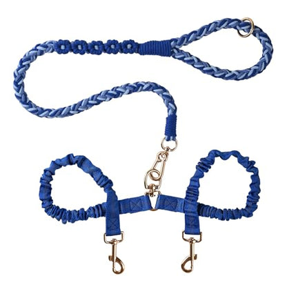 Double Dog Leash – Tangle-Free Dual Leash with 360° Swivel, Shock Absorbing Bungee, Reflective Stitching & Hand-Braided Main Rope (Supports Up to 440 lbs, Blue) - color: Blue
