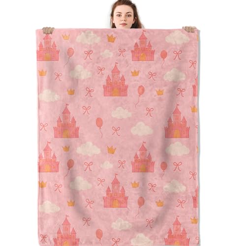 Cartoon Castle Blanket, Cute Fairy Tale with Balloon Bow Flannel Throw Blankets, 40"x50", Soft Warm Lightweight Fuzzy Cozy Throws for Couch Sofa Decorative Gifts for Women Girls Kids, Pink - color: Castle, size: 40x50 inch