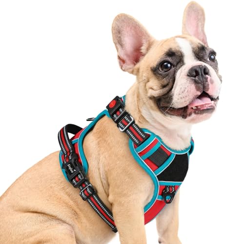 Dog Harness Medium Sized, Easy Wearing with 3 Buckles, Adjustable No Pull Pet Harness with 2 Rings for Walking, No Chock Reflective Soft Padded Vest with Control Handle, Red & Teal, M - color: Red & Teal, size: Medium