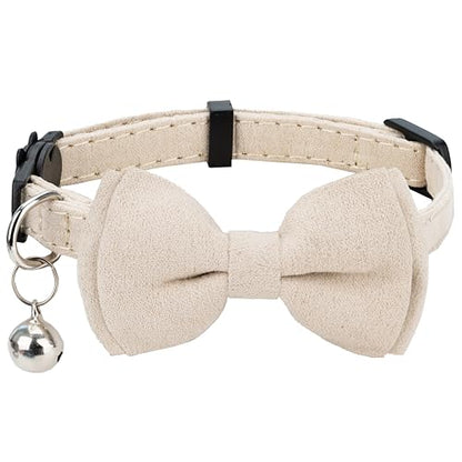 Cat Collar with Bow Tie Bell Breakaway Kitten Small Pet Safety Solid Wedding Basic Pure Color Suede Soft Adjustable [1pc] Cream - color: [1pc] Cream