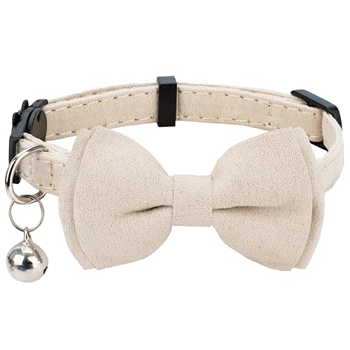 Cat Collar with Bow Tie Bell Breakaway Kitten Small Pet Safety Solid Wedding Basic Pure Color Suede Soft Adjustable [1pc] Cream - color: [1pc] Cream