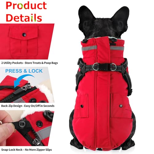 Dog Coat with Harness, Waterproof Warm Dog Winter Jacket with Pockets, Reflective Pet Fleece Jacket Turtleneck Snowsuit for Small Medium Large Dogs - Red, XS - color: Red, size: X-Small(Chest:13.3" Back:9.8" Neck:10.2")