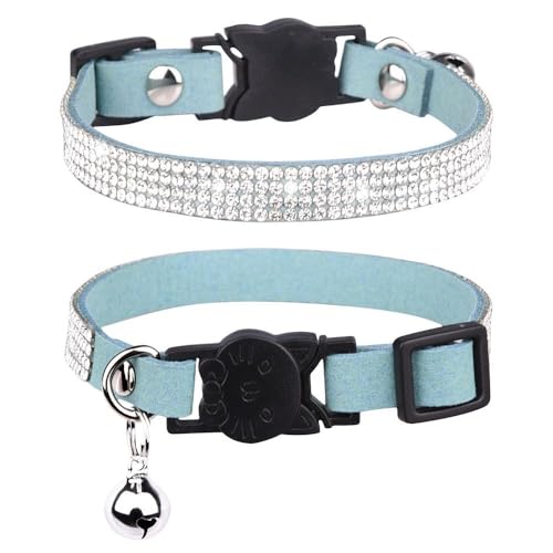 Soft Velvet Cat Collars, Breakaway Rhinestone Cats Collars with Bell Adjustable Pet Collar for Kitten Puppy Small Dogs and Cats(XS,Light Blue) - color: light blue, size: XS