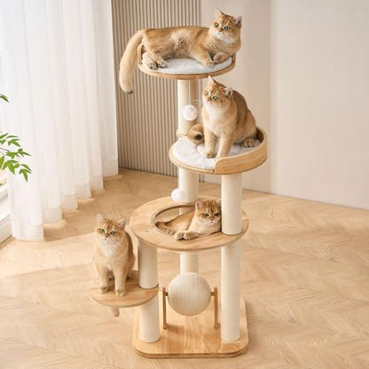 797Audio Modern Solid Wood Cat Tree Tower, 49" Tall Cat Tree with Sisal Scratching Posts for Adult Cats, Luxury Natural Oak Wooden Cat Tower,Aesthetic Multi-Level Cat Climbing Tree for Indoor Cat - color: 49 Inch-Scratch Ball