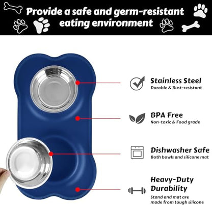 Dog Food Bowls Stainless Steel Dog Bowls, Food Water Bowl Set with No Spill Non-Skid Silicone Mat, Dog Dish Double Pet Feeder Bowls for Small Medium Sized Large Dogs Cats Puppy, Blue - color: BLUE, size: 4¾ Cup/38 oz each