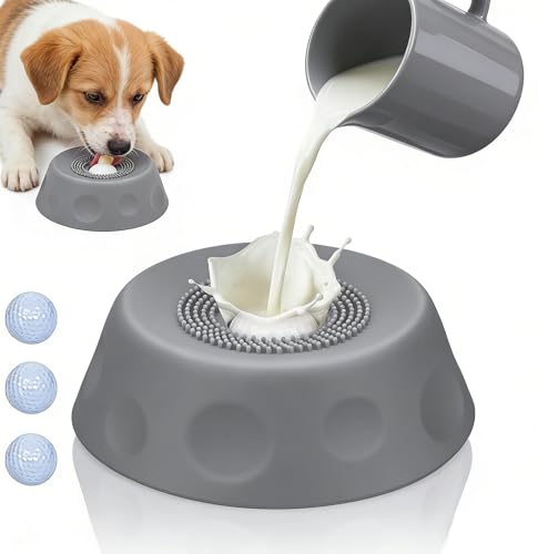 Slow Feeder Dog Lick Bowl with Rolling Ball,Anti-Slip Silicone Puzzle Feeder for Liquid Treats,Bone Broth,Yogurt,Wet Food,Anxiety Relief Enrichment Lick Toy for Large Medium Small Dogs & Cats (Grey) - color: Grey