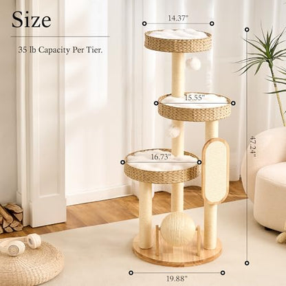 797Audio Wood Modern Cat Tree for Large Cat, 47" Tall Cat Tower with Scratching Posts, Cat Beds, Aesthetic Multi-Level Cat Climbing Tree with Hand-Woven Bed for Adult Indoor Cats - color: 47 Inch-Woven