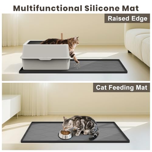 Cat Mat for Litter Box, 34" X 22" Large Silicone Cat Litter Trapping Mat, Easy Clean for Scatter Control, Soft on Kitty Paws, Waterproof, Urine-Proof, Non-Slip Kitty Litter Mat for Floor, Black