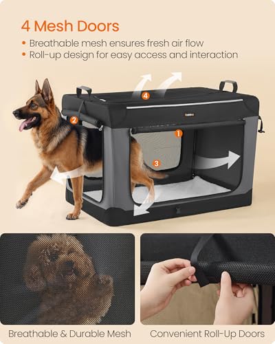 Feandrea Collapsible Dog Crate, 42-Inch Portable Dog Travel Crate for Large Dogs, Oxford Fabric Pet Carrier with 4 Mesh Doors, Handles, Storage Pocket, Water Bottle Holder, Ink Black UPDC021B01 - size: XXL（42"L x 28"W x 28"H）