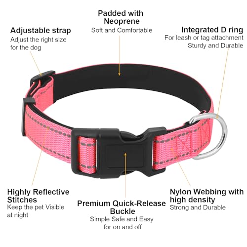 Dog Collars Adjustable for Medium Dogs,Heavy Duty Waterproof Dog Collar with Quick Release Buckle,Girl Boy Female Male Reflective Nylon Dog Collar with Soft Neoprene Padded,M,Hot Pink - color: Hot pink, size: Medium