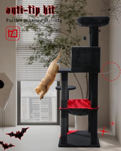 MUTTROS Gothic Cat Tree with Super Large Hammock, 56.3" Black Cat Tower with Coffin Bed, Cat Condo, Sisal Scratching Posts & Top Perch, Multi-Level Goth Cat Tree, Halloween, Black - color: Gothic Black, size: 56.3in