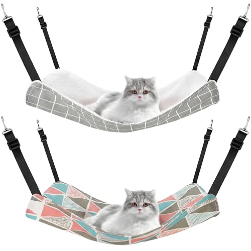 Jetec 2 Pack Cat Hammock for Cage, Catio Accessories Reversible Soft Cats Bed with Adjustable Straps and Hooks Double-Sided Linen and Fleece Hanging Hammock for Cats, Kitten(Geometry Pattern,L) - size: L