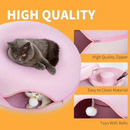 Peekaboo Cat Tunnel for Large Cats up to 30 lbs, Features A Jingle Ball, Removable and Washable Tunnel Bed, and a Cozy Donut Tunnel (Pink, 24 Inches) - color: Pink