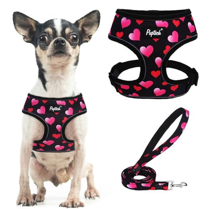 PUPTECK Soft Mesh Dog Harness and Leash Set Pet Puppy Cat Comfort Padded Vest No Pull Harnesses Valentine, Black&Pink, XS - color: Black&Pink, size: XS (NECK: 10", CHEST: 10"-14")