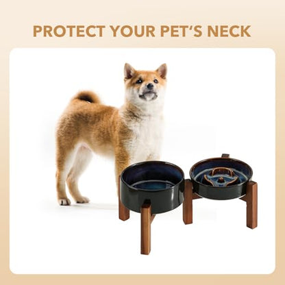 Havniva 0.9 Cup Elevated Slow Feeder Dog Bowls, 6.1” Dog Slow Feeding Bowls + 6.1” Ceramic Dog Water Bowls Set with Acacia Wood Stand, Dog Food Bowls Puzzle Feeder for Small Dogs Non-Slip Anti-choking - color: 2 x Starry Sky + Stand - A, size: S- 6.1inch