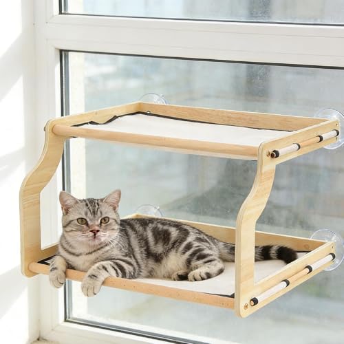 Cat Window Perch with Wooden Frame Breathable Practical Double Layered Strong Suction Cups Pet Bunk Bed for Balcony Household