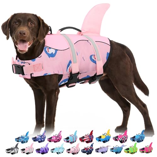 Dog Life Jacket - Shark Life Vest for Swimming Boating - Reflective Lifejacket Swimsuit for Small Medium Large Dogs - High Buoyancy Lifesaver Preserver with Rescue Handle, Pink Dolphin XS - color: Pink Dophin Shark, size: X-Small