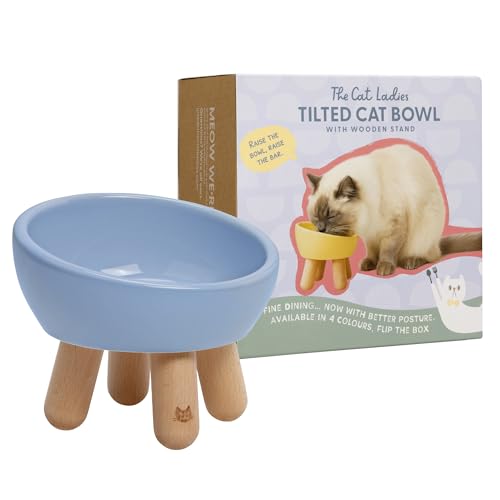 The Cat Ladies Tilted Ceramic Cat Bowl - Elevated Food Bowls Ceramic Pet Bowl - Raised Ceramics Bowls - Elevated & Tilted Design for Comfortable Eating - Dishwasher Safe - Wide Opening - color: Powder Blue